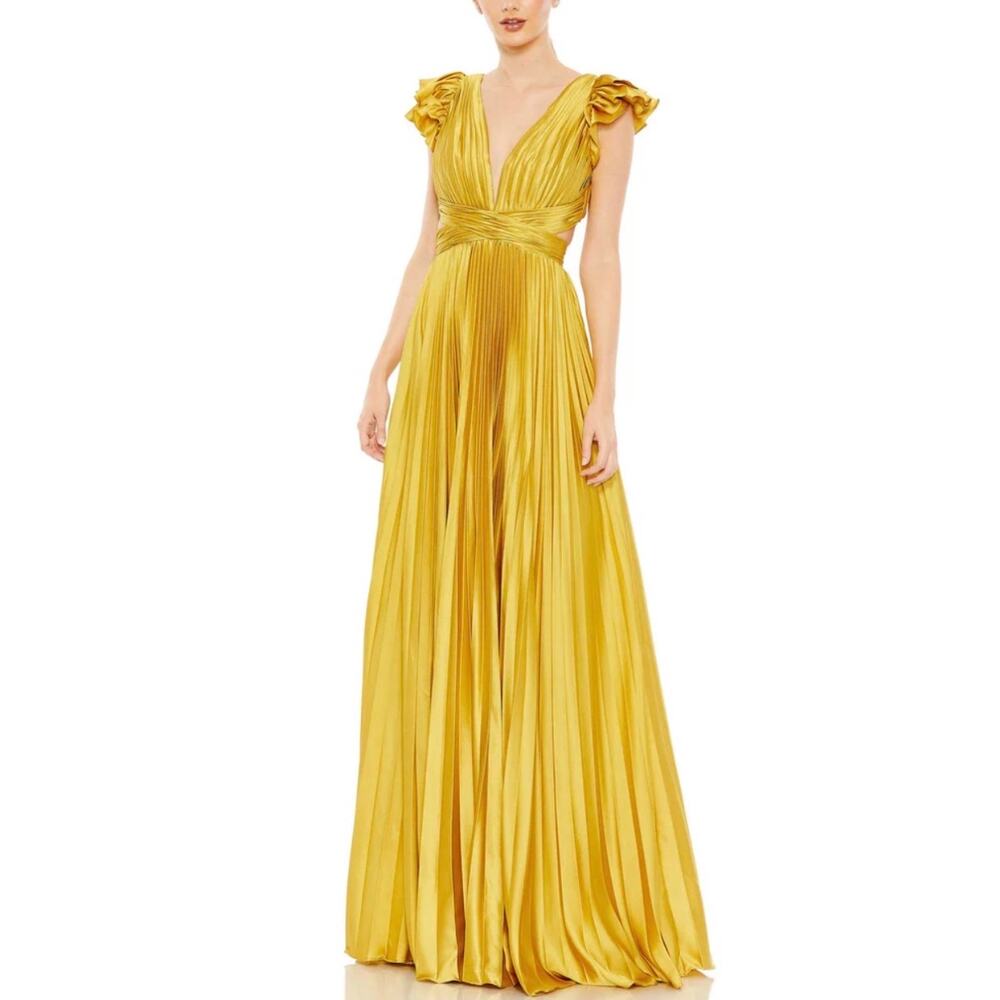 Mac Duggal 26729 Pleated Satin Tie-Up Backless Evening Gown Gold Size 6 Dress